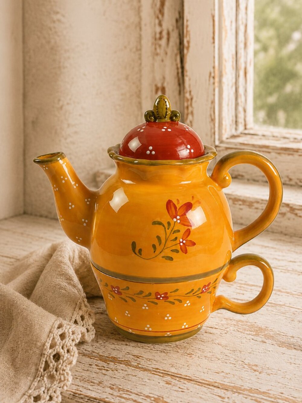 Vintage French Country Teapot & Matching Tea Cup Bienvenue by Demdaco